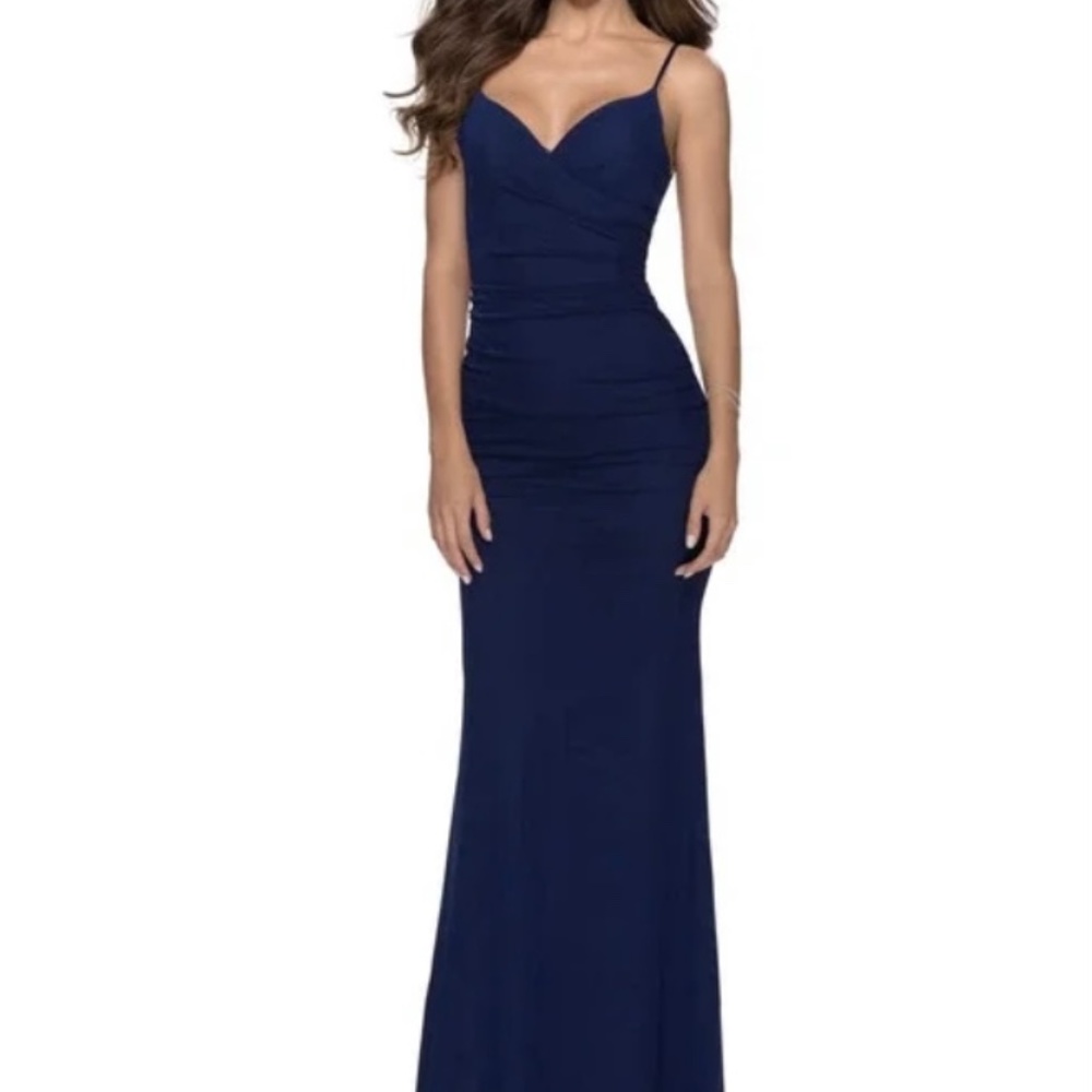 LA FEMME Strappy Back Ruched Trumpet Gown, Navy - Size 2